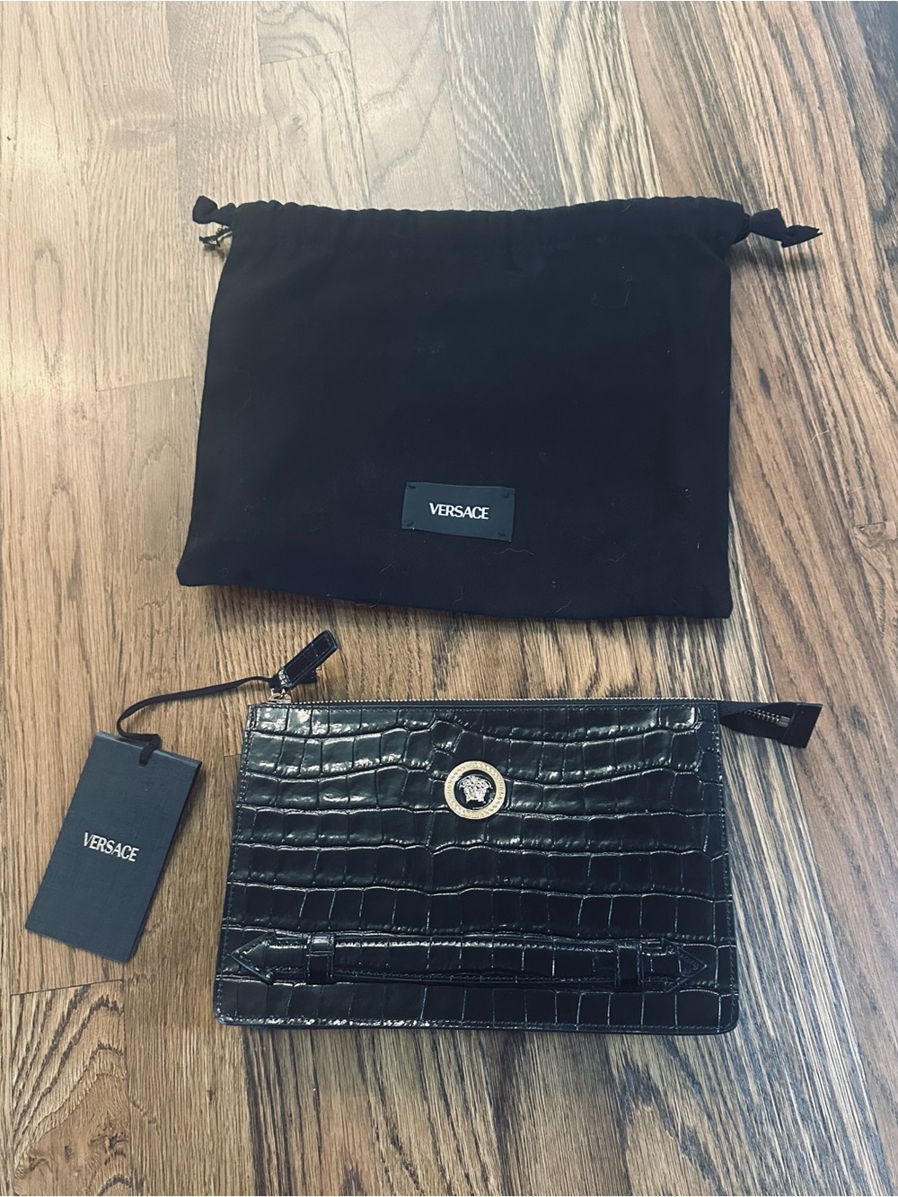Versace Black Croc-Embossed Leather Zip Pouch with Gold Medusa Accent - Picture 2 of 9